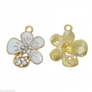 Flower Gold Plated White Clear Rhinestone Enamel