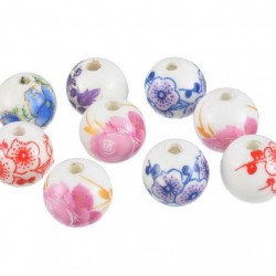 Mixed Flower Pattern Round Ceramic Beads 