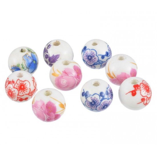 Mixed Flower Pattern Round Ceramic Beads 